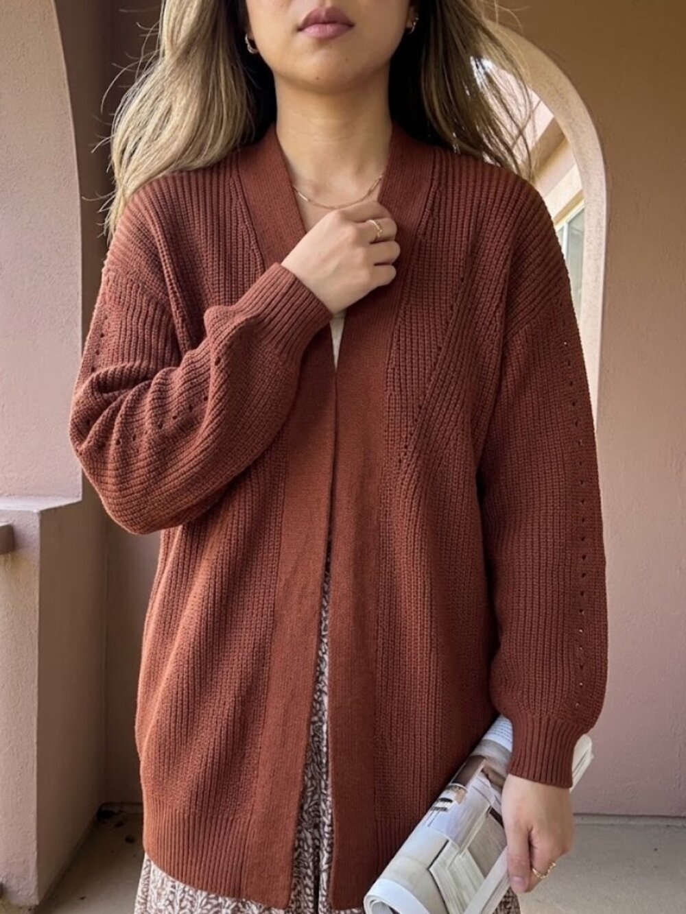 Chestnut Brown / Rust Chunky Knit Open Front 100% Cotton Cardigan Duster Size XS